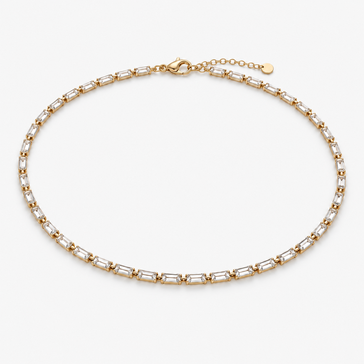 Baguette Tennis 14k Gold plated necklace with CZ stones. 14" +2" extender