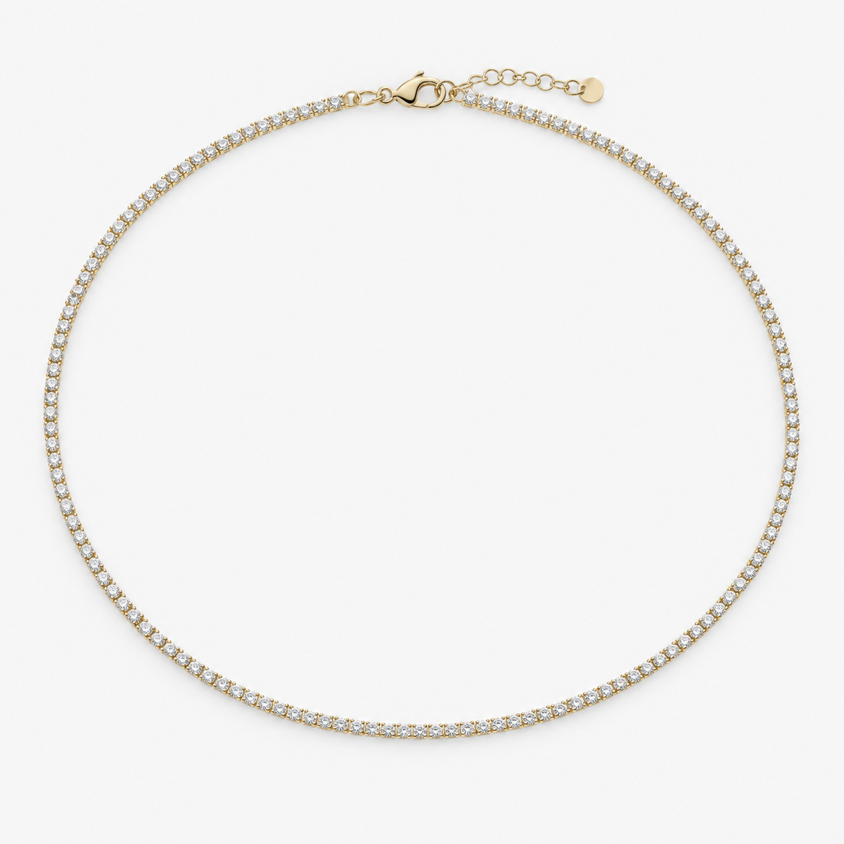 A 0.5mm delicate gold tennis-style necklace with small cubic zirconia. 