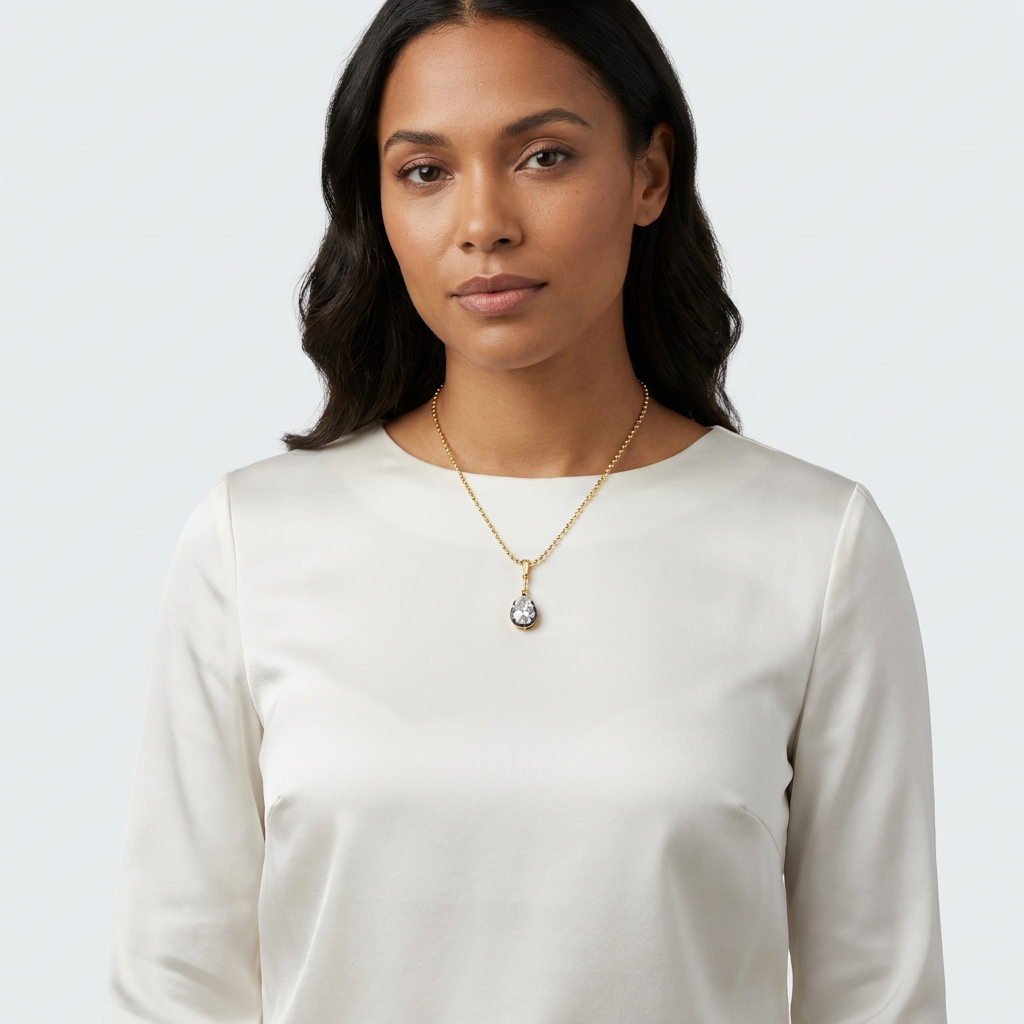 model wearing Pear cut drop bead necklace